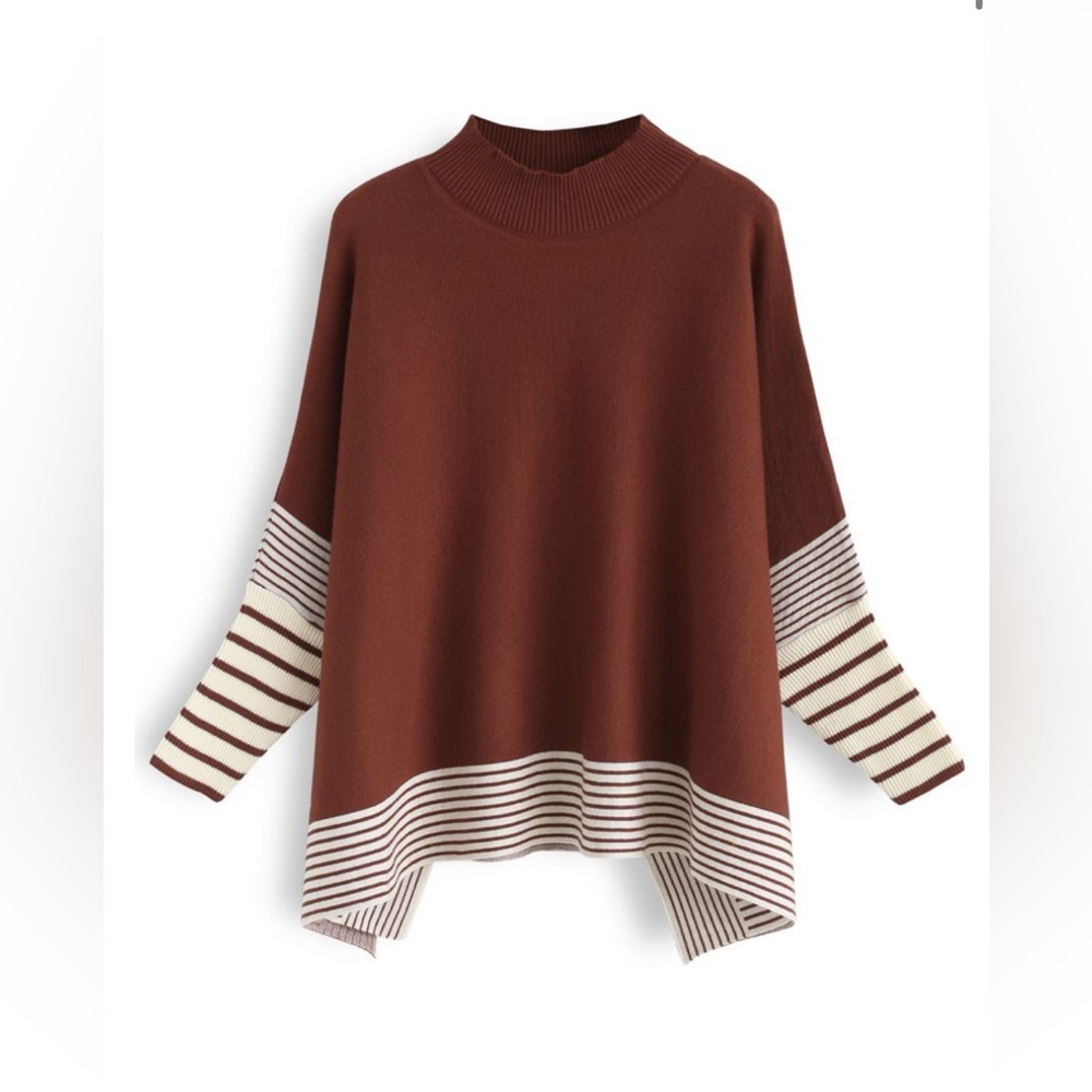 CHICWISH LIE IN CARAMEL FIELDS STRIPED OVERSIZE KNIT CAPE SWEATER SZ L/XL